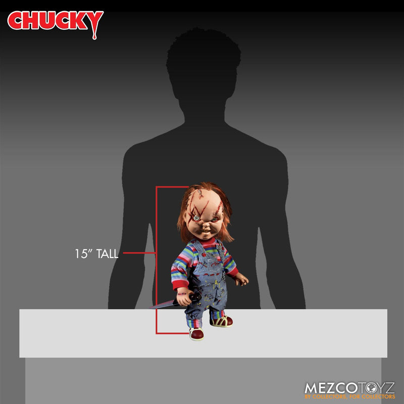 Childs Play Chucky Scarred Face 15" SFX Doll Collectibles Mezco Toyz Geek Bureau